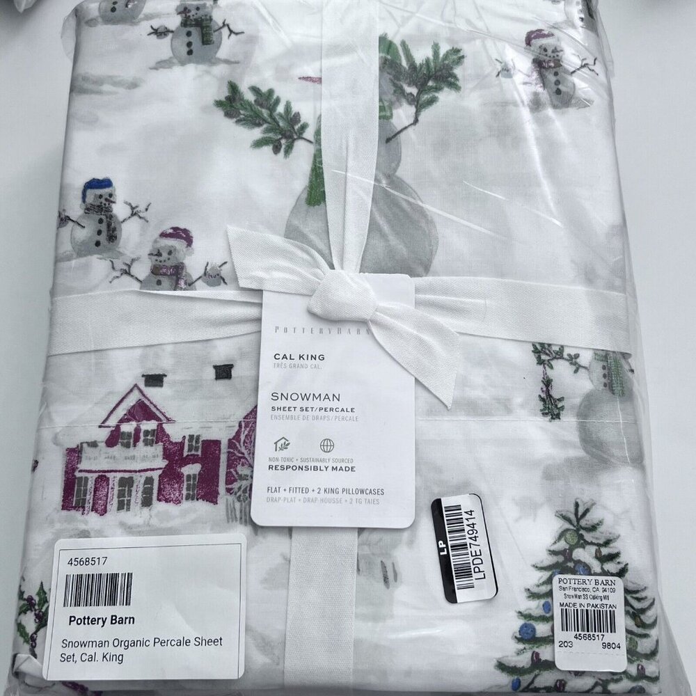 Pottery Barn Snowman Organic Percale Sheet Set CAL KING NWT